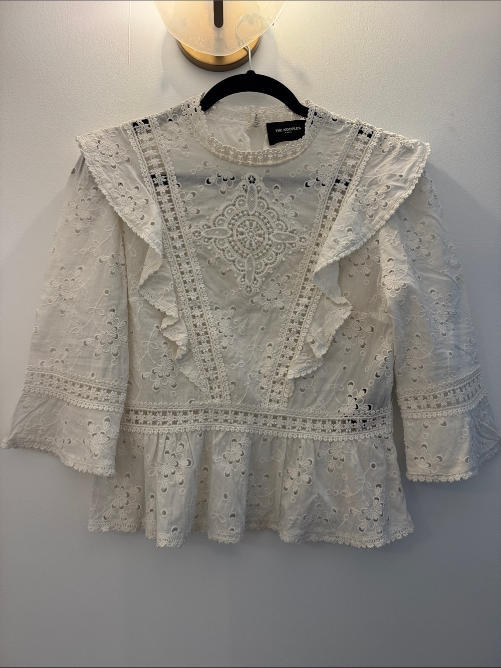 The Kooples White Embroidered Eyelet Ruffle Blouse